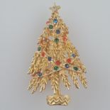Vintage-"Christmas"-Brosche - ART/USA, Weihnachtsbaum, goldfarbenes Metall, Besatz mit facettierten
