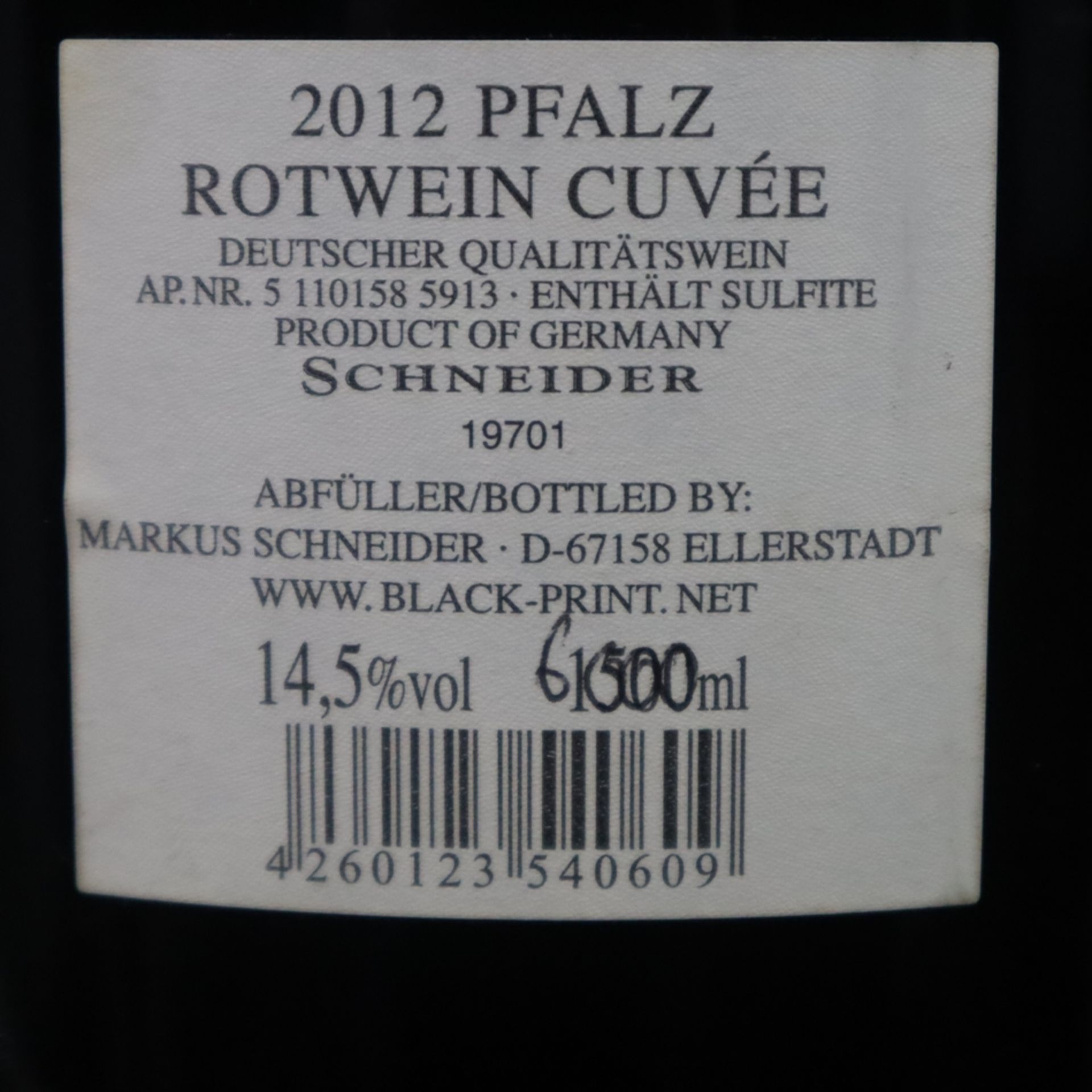 Wein - Markus Schneider Black Print, 2012 Pfalz Rotwein Cuvée, Deutschland, 14,5 %, Korkenverschlus - Image 4 of 4
