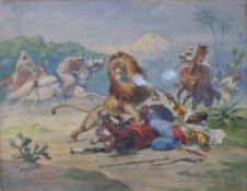 Unbekannte/r Künstler/in -frühes 20. Jh.- Szenische Darstellung eines Löwenangriffs auf einen mit P