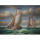Feine Miniaturmalerei - Seestück mit zwei Segelbooten auf bewegter See, Öl auf Holzplatte, unsignie