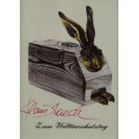 Staek, Klaus (* 1938, Pulsnitz) - "Dürer Hase" (1987), Multiple, handsignierte Kunstpostkarte, mit