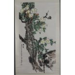 Chinesisches Rollbild - Blühende Baumzweige, Tusche und Farben auf Papier, in chinesischer Kalligra