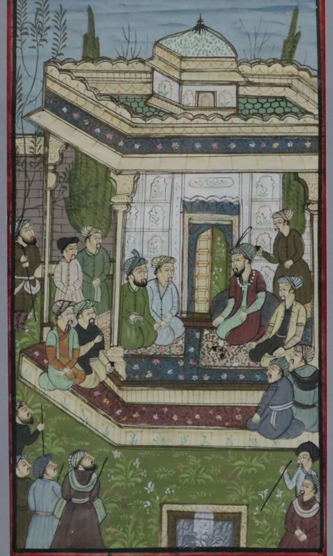Indische Miniaturmalerei - Durbar-Szene mit Großmogul Nasir ud din Muhammad Humayun, feine Temperam