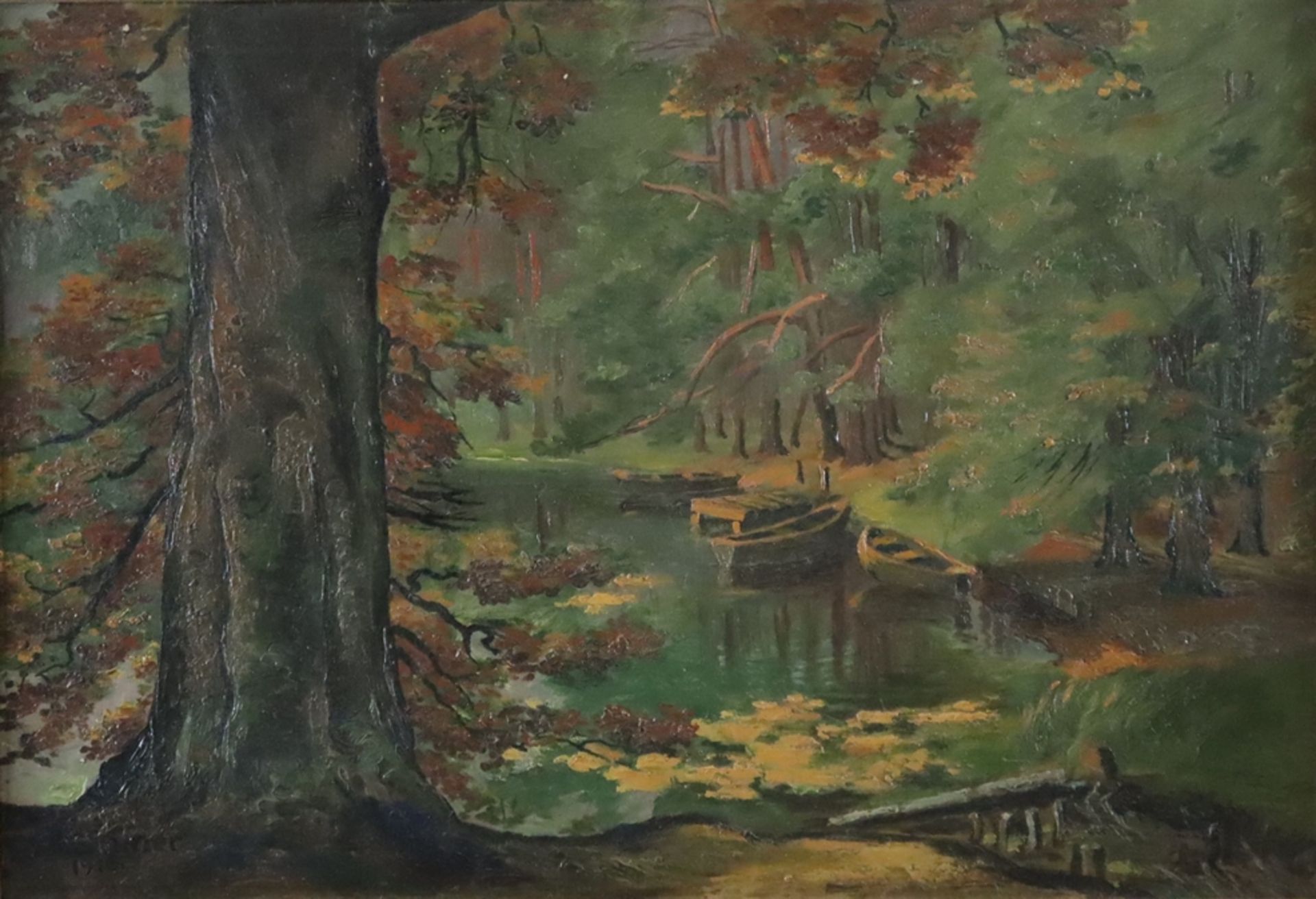 Zimmer, K. (19./20.Jh.) - Bootsanlegestelle im frühherbstlichen Wald, 1916, Öl auf Leinwand, unten 