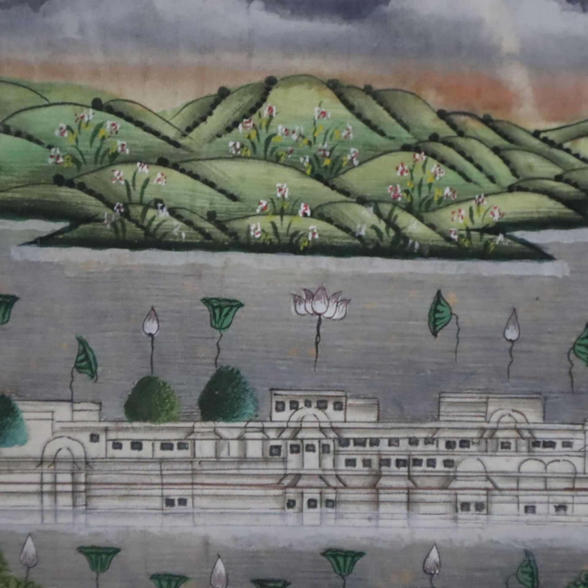 Indische Miniaturmalerei - Vielfigurige Prozession des Maharaja von Udaipur vor dem Gangaur Ghat, m - Image 8 of 9