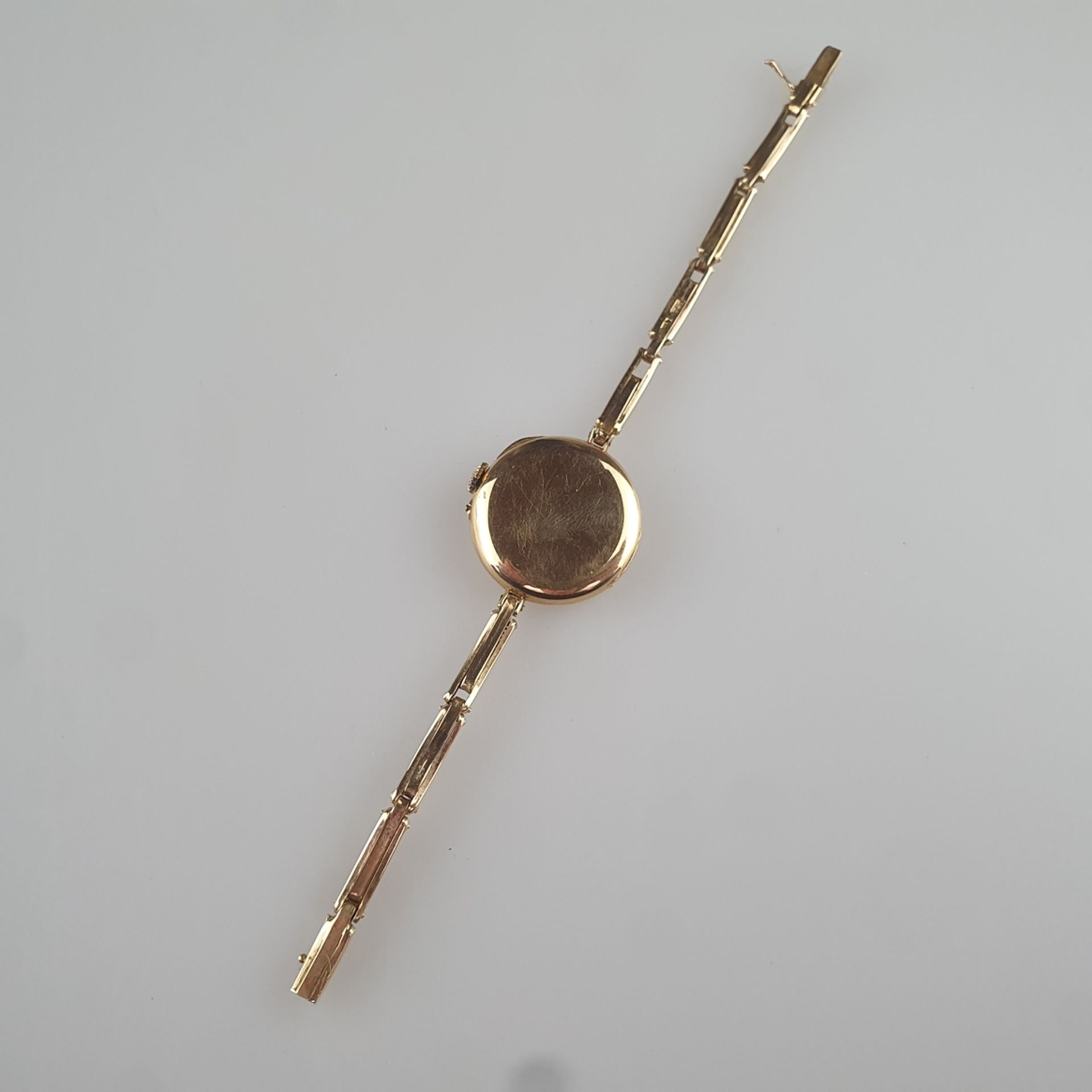 Damenarmbanduhr - Schweiz, rundes glattes Goldgehäuse, D. ca. 25mm, Rückdeckel innen gepunzt mit "1 - Image 4 of 7