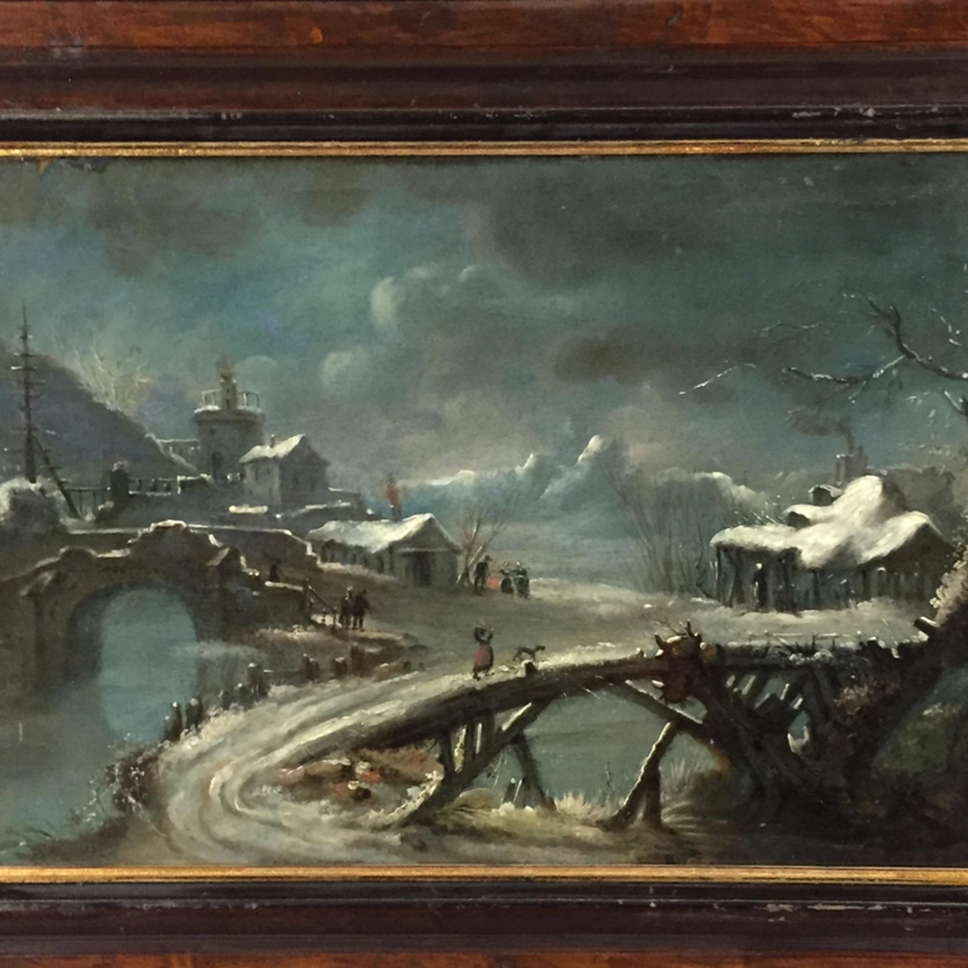 Niederländischer Landschaftsmaler -nach 1900- Nächtliche Winterlandschaft mit Architektur und Figur - Image 2 of 8