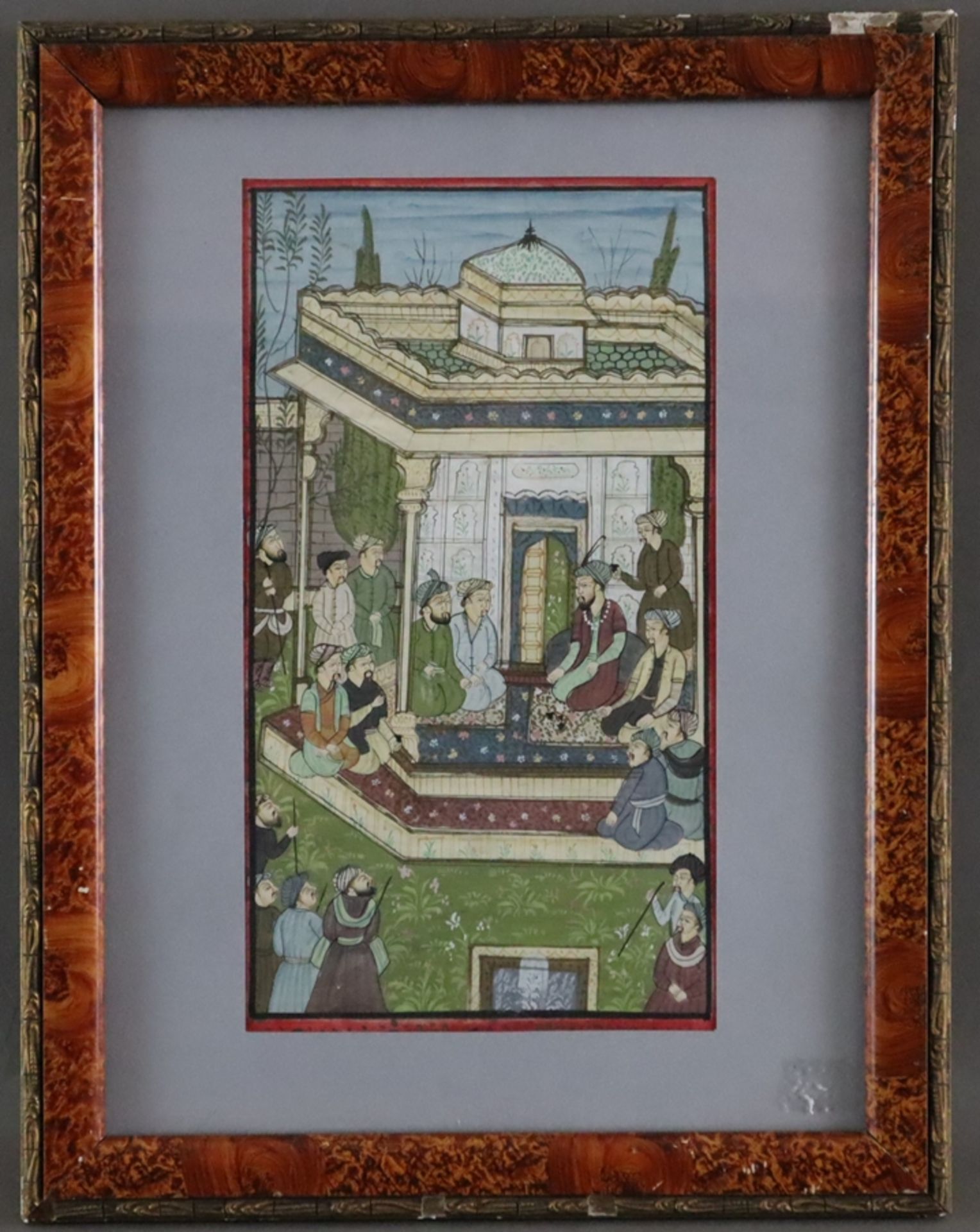 Indische Miniaturmalerei - Durbar-Szene mit Großmogul Nasir ud din Muhammad Humayun, feine Temperam - Image 2 of 7