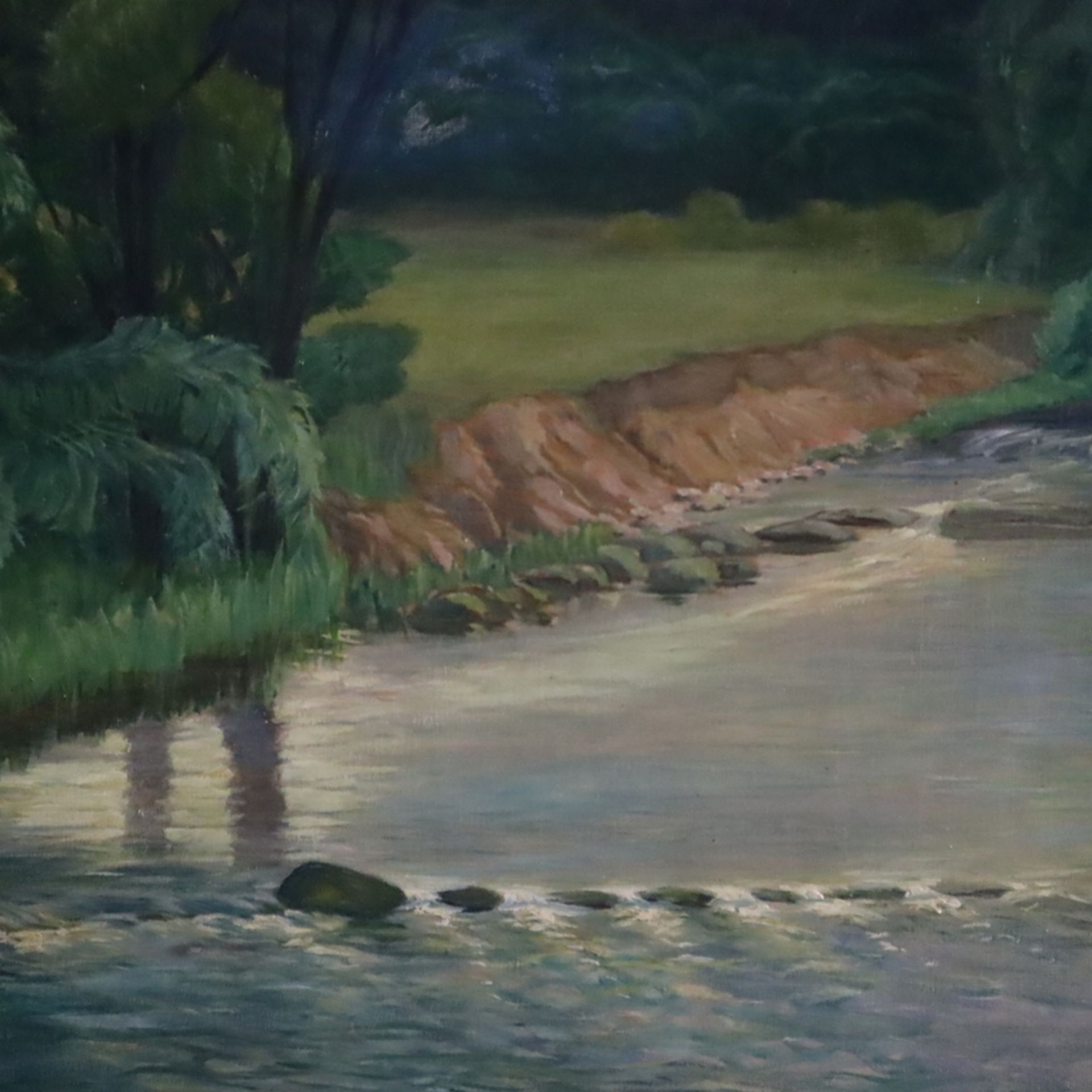 Fieth, E. -1.Hälfte 20.Jh. - Blick auf einen Flusslauf mit üppiger Vegetation, Öl auf Leinwand, lin - Bild 4 aus 9