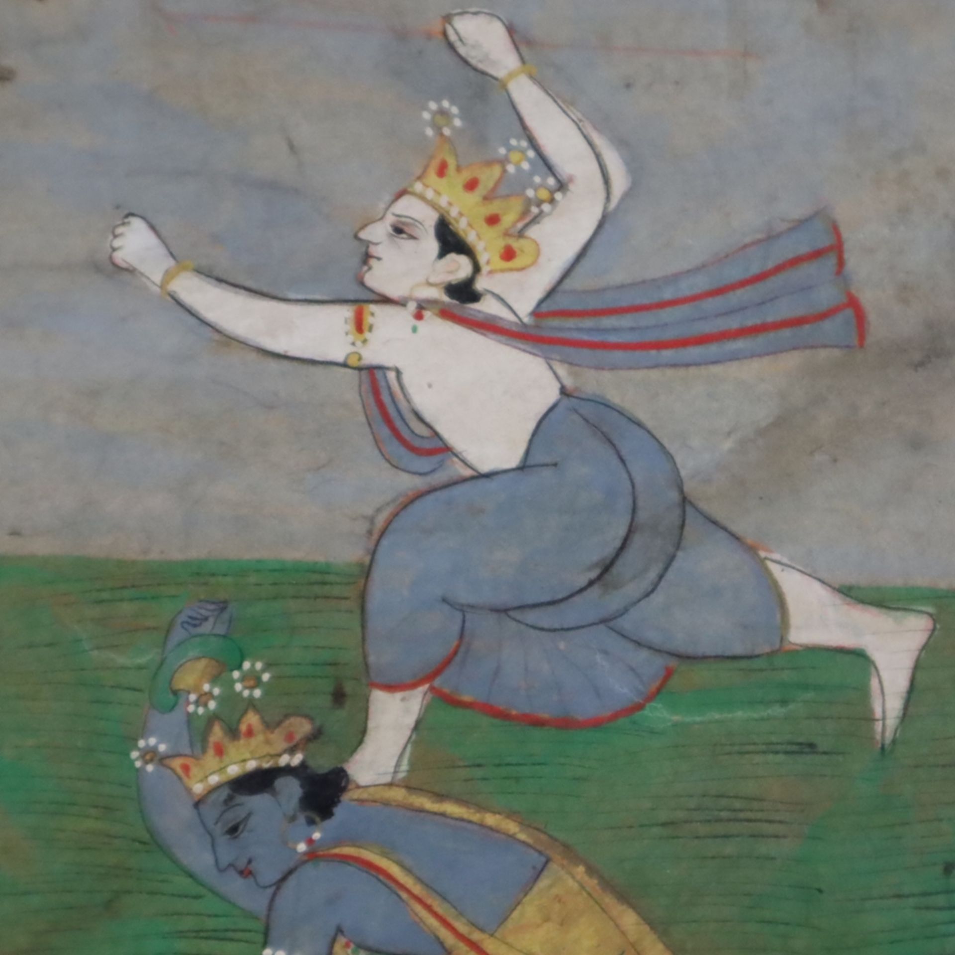 Indische Malerei - Indien 19./20.Jh., Gouache auf Papier, Krishna tötet denn Dämon Keshi in Pferdeg - Image 2 of 7