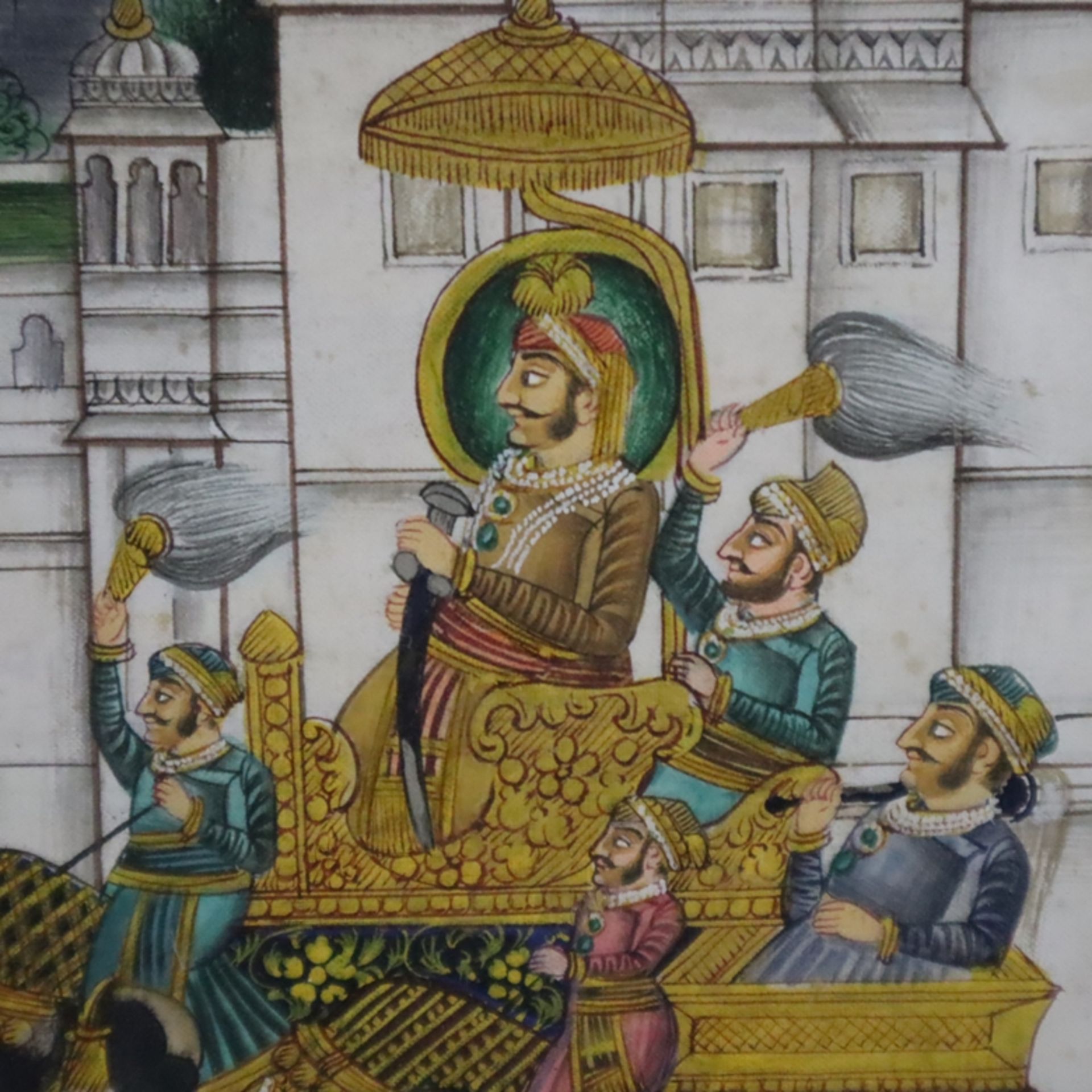 Indische Miniaturmalerei - Vielfigurige Prozession des Maharaja von Udaipur vor dem Gangaur Ghat, m - Image 9 of 9