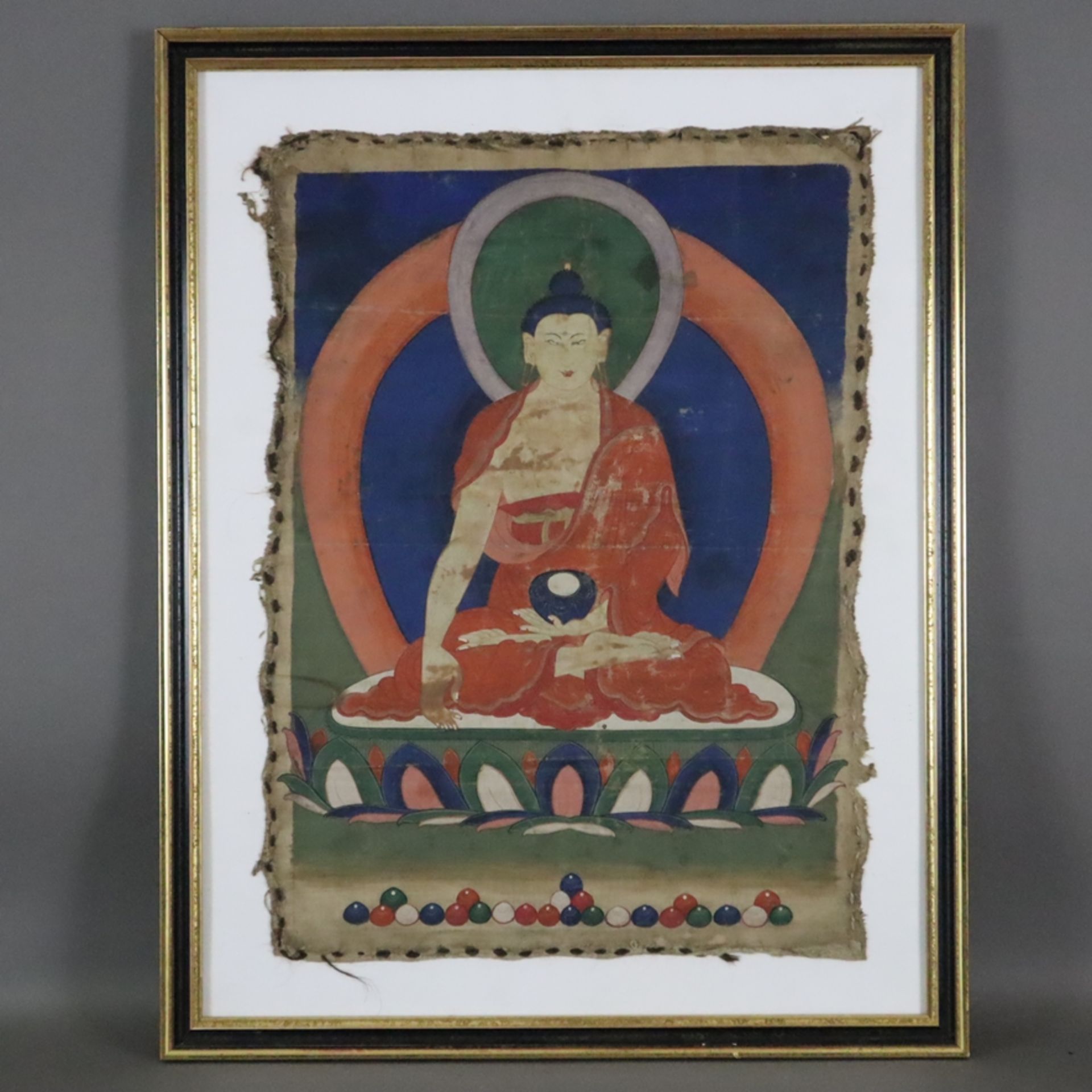 Thangka mit zentraler Darstellung des Buddha Shakyamuni - Tibet, Kloster Labrang vor 1900, polychro - Bild 2 aus 11