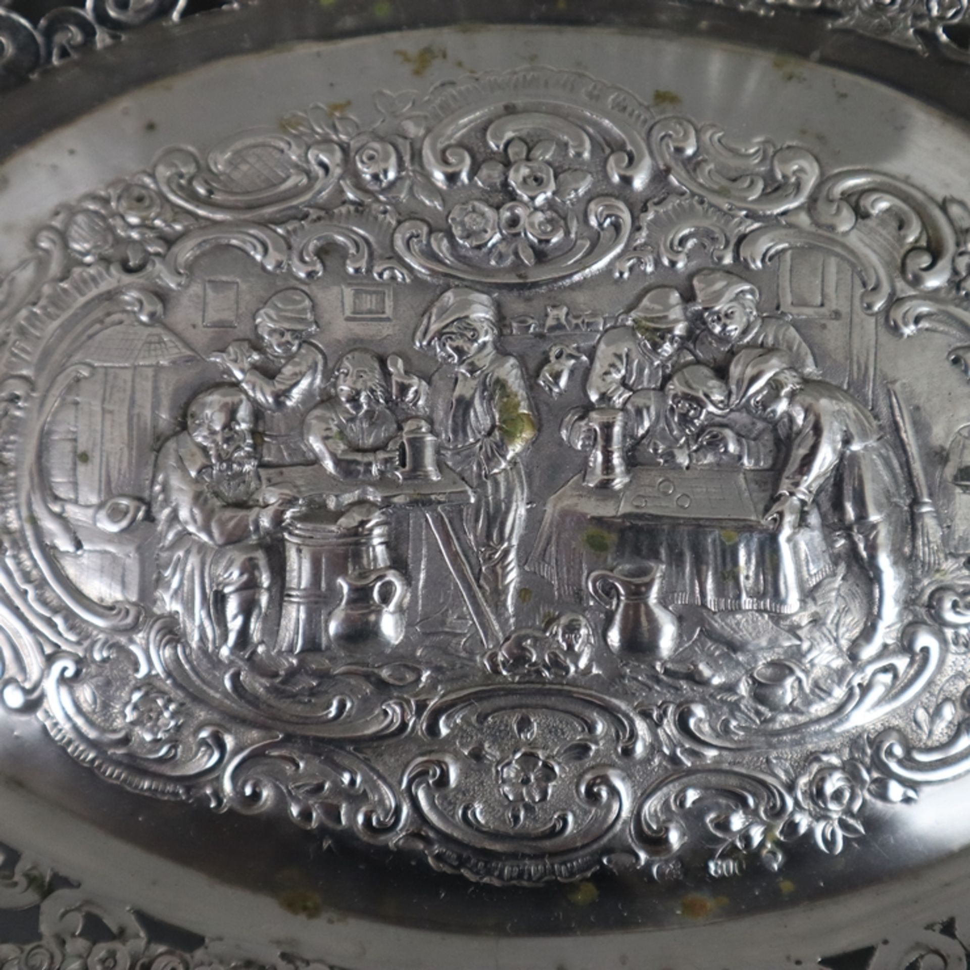 Üppig dekorierte Korbschale - deutsch, Silber 800/000, gestempelt, oval, geschweifte filigran durch - Bild 3 aus 10