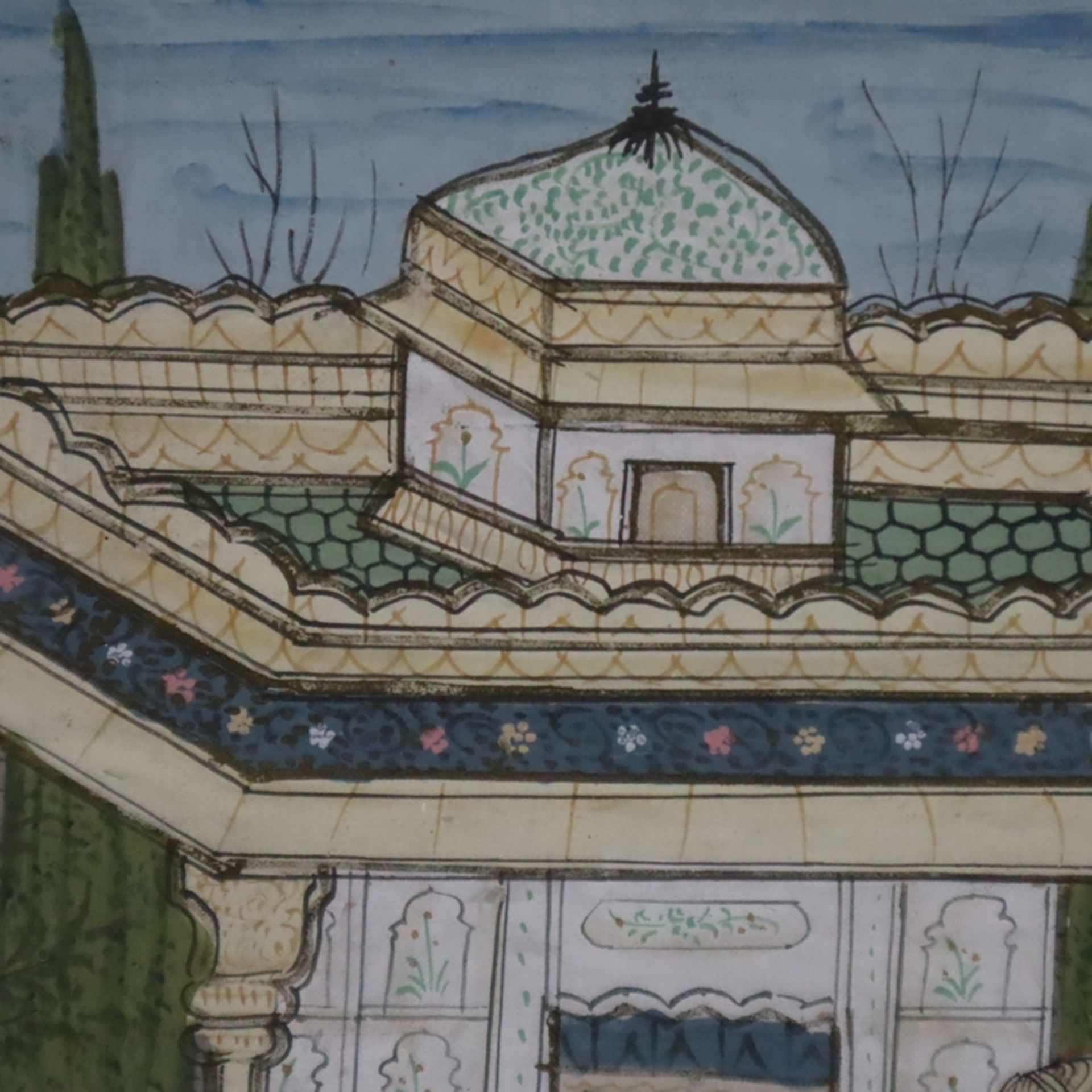 Indische Miniaturmalerei - Durbar-Szene mit Großmogul Nasir ud din Muhammad Humayun, feine Temperam - Image 7 of 7