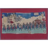 Japanischer Farbholzschnitt-Triptychon -19.Jh.- Marschierende Soldaten mit Standarten und Feldherrn