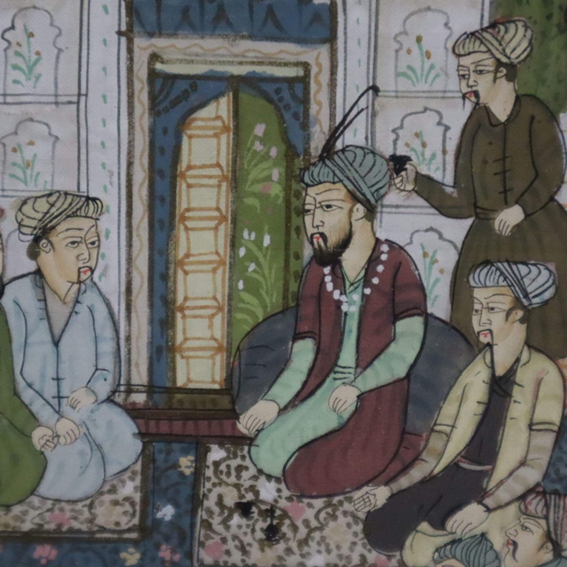 Indische Miniaturmalerei - Durbar-Szene mit Großmogul Nasir ud din Muhammad Humayun, feine Temperam - Image 4 of 7