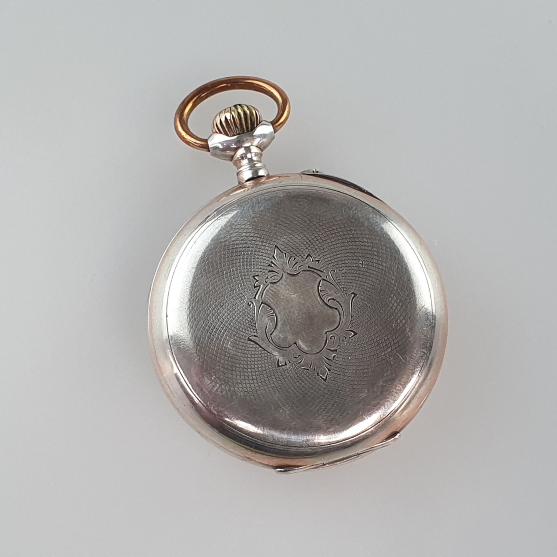 Taschenuhr - um 1900, Silbergehäuse, guillochierter Deckel mit leerem Wappendekor innen gestempelt  - Bild 3 aus 7