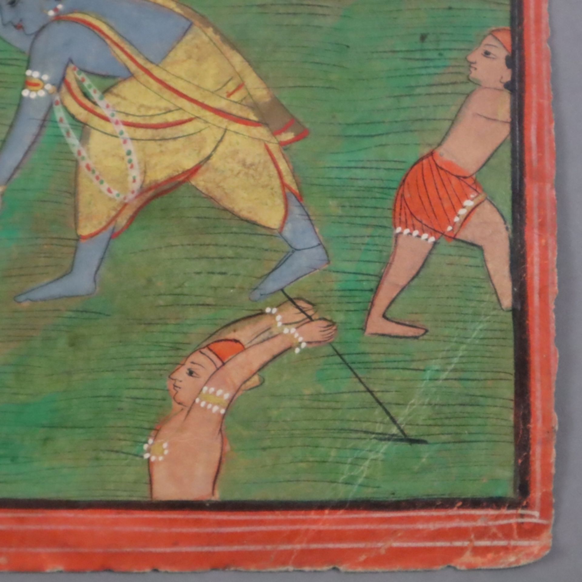 Indische Malerei - Indien 19./20.Jh., Gouache auf Papier, Krishna tötet denn Dämon Keshi in Pferdeg - Image 6 of 7