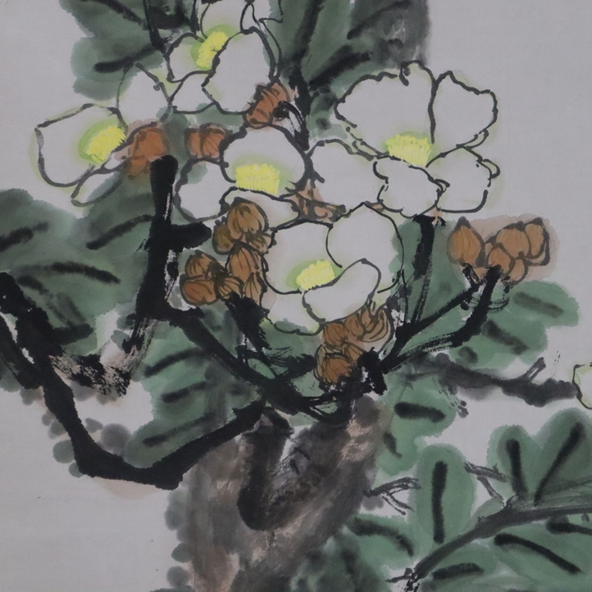 Chinesisches Rollbild - Blühende Baumzweige, Tusche und Farben auf Papier, in chinesischer Kalligra - Bild 3 aus 9