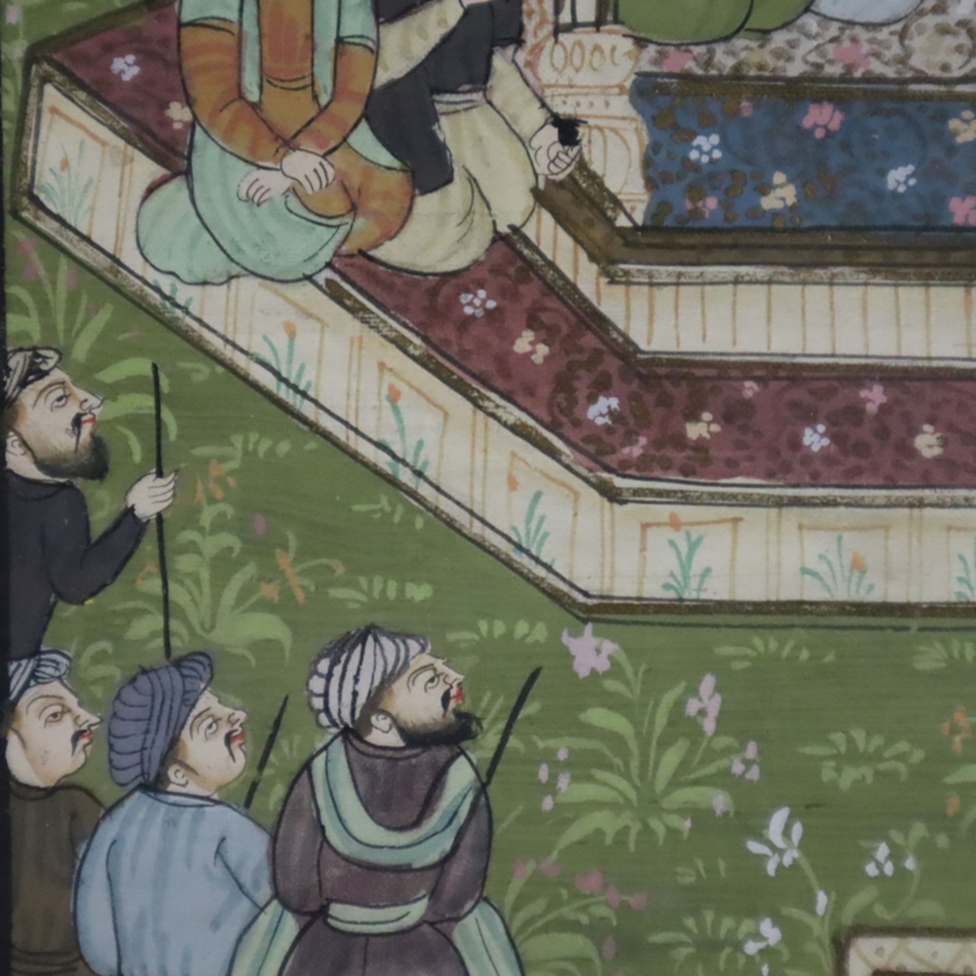Indische Miniaturmalerei - Durbar-Szene mit Großmogul Nasir ud din Muhammad Humayun, feine Temperam - Image 6 of 7