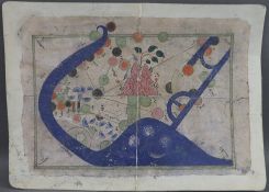 Alte Buchseite mit Orient-Karte - Landkarte sowie Rahmung in Deckfarbenmalerei und Tusche, Beschrif