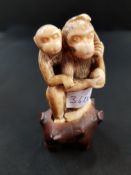 EARLY IVORY CHINESE CARVED MONKEY GROUP ON STAND