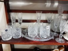 BOHEMIAN CRYSTAL DECANTER, 6 FLUTE AND 6 SHORT GLASSES AND TRAY