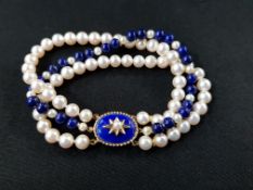 3 STRAND PEARL, LUPIS AND GOLD ENAMEL CLASP