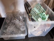 2 BOXES OF CUT GLASS, EPNS AND FIGURES