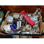 LARGE BOX LOT TO INCLUDE VICTORIAN SILVER PLATED WARE