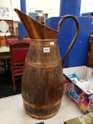 LARGE EDWARDIAN COPPER AND WOOD PITCHER JUG