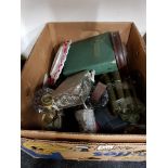 BOX LOT TO INCLUDE BAROMETER, MILITARY TORCHES ETC