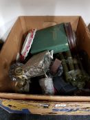 BOX LOT TO INCLUDE BAROMETER, MILITARY TORCHES ETC