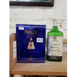 BELLS DECANTER GOLDEN WEDDING WHISKEY AND BOTTLE OF GIN