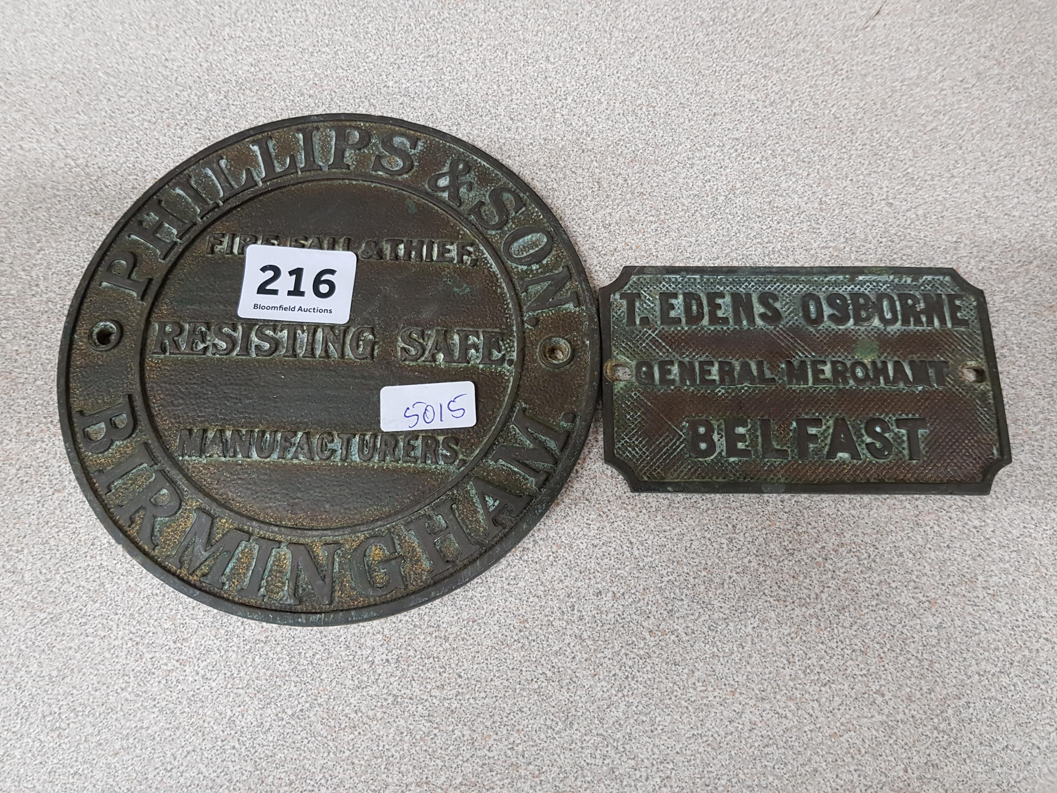 2 ANTIQUE BRASS PLAQUES