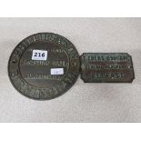 2 ANTIQUE BRASS PLAQUES