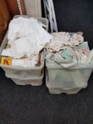 3 LARGE BOXES OF LINEN AND WEDDING DRESS