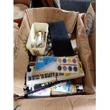BOX OF ARTISTS PAINTS AND BRUSHES ETC