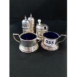 IRISH SILVER CRUET SET TO INCLUDE BRISTOL BLUE LINERS DUBLIN 1918 SHARMAN D NEILL