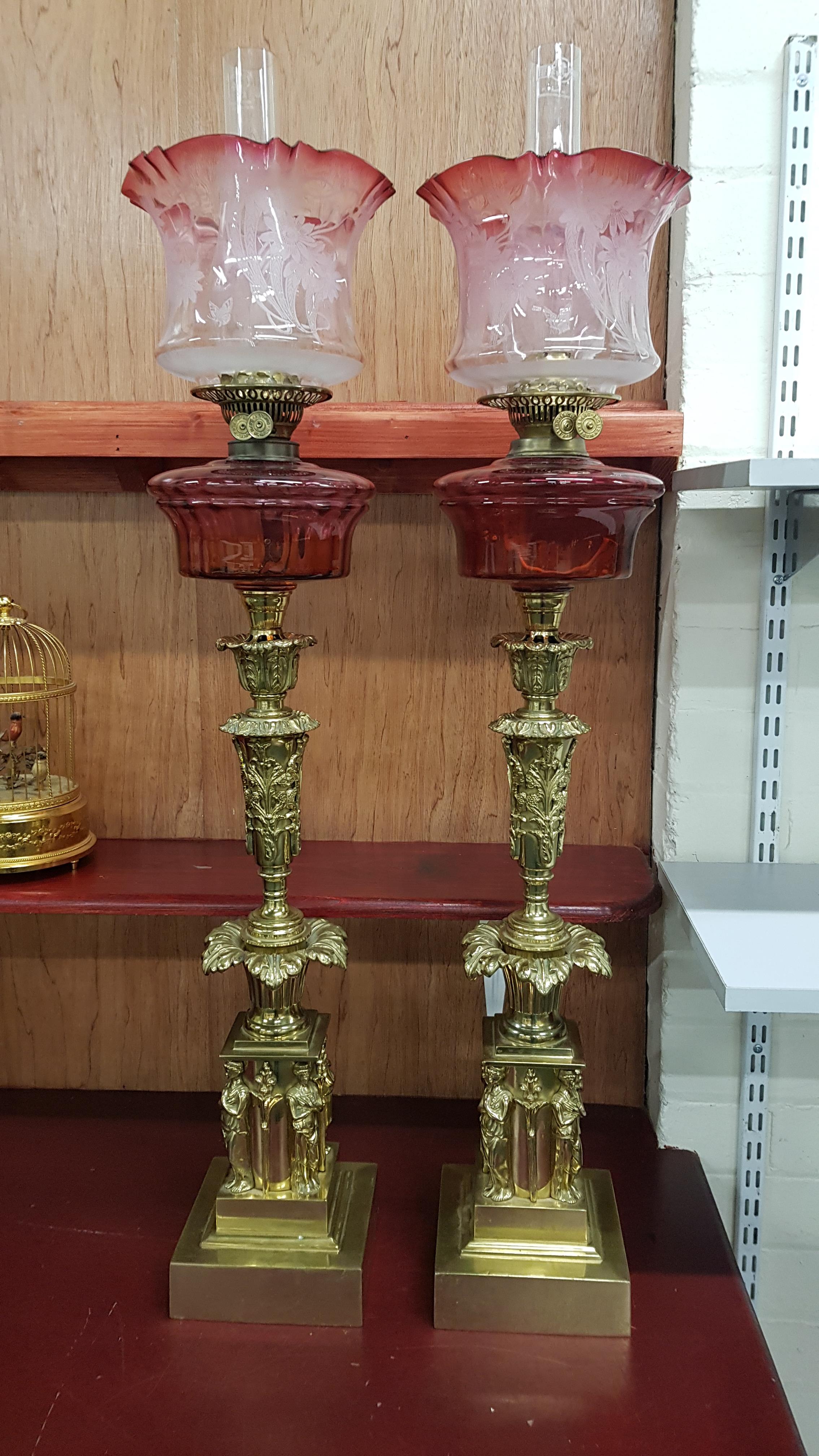 BEAUTIFUL PAIR OF VERY LARGE ORNATE RUBY OIL LAMPS WITH RUBY SHADES. H39"