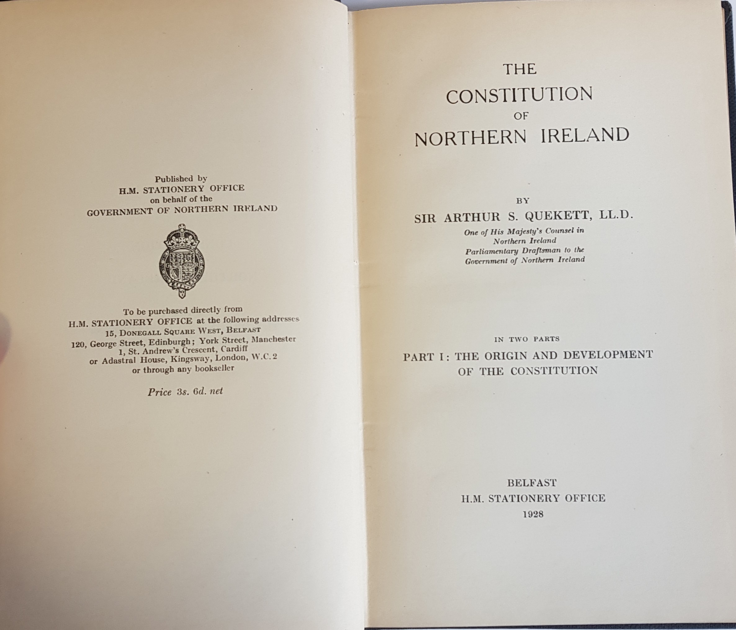 BOOK - THE CONSTITUTION OF NORTHERN IRELAND 1928