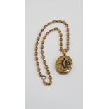 VICTORIAN 18 CARAT GOLD ENAMEL AND PEARL LOCKET ON 9 CARAT GOLD CHAIN CIRCA 28.6 GRAMS