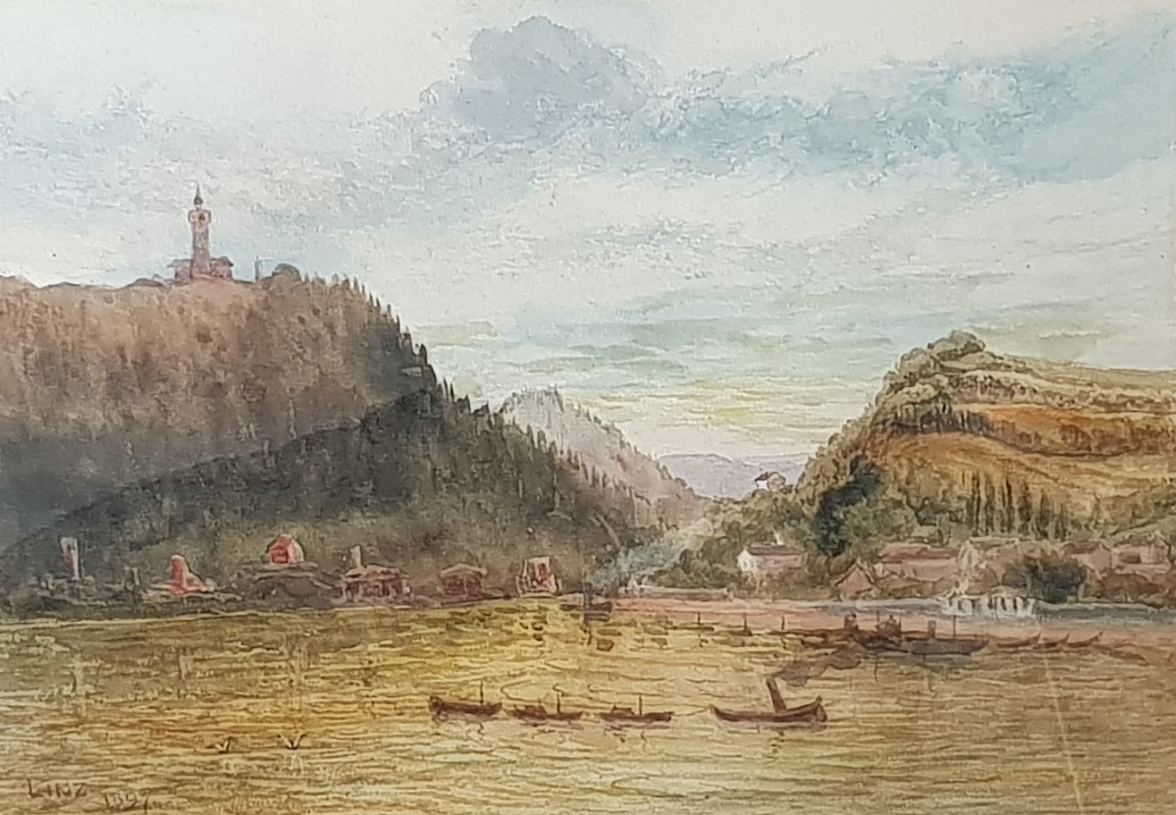 LINZ - WATERCOLOUR - ON THE DANUBE 1897 14'X10'