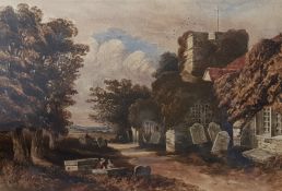 R.R ROBERTS - WATERCOLOUR - CHURCHYARD SCENE