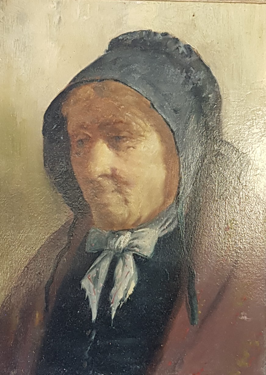 DAVID W. HADDON ANTIQUE OIL ON BOARD SIGNED - STUDY OF OLD LADY - 12'X9'