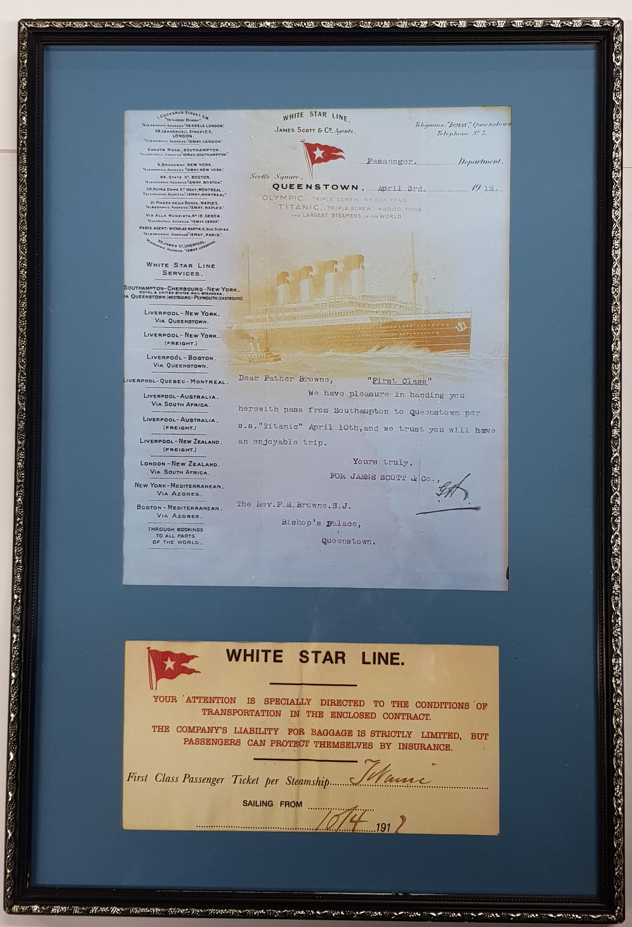 REPRODUCTION TITANIC TICKET & EPHEMERA