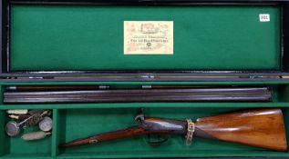 CASED 1860 DOUBLE BARREL PERCUSSION SHOTGUN BY JOSEPH BRADDEL BELFAST WITH STUB-TWIST BARRELS, 30INS