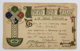 UNITED IRISH LEAGUE MEMBERSHIP CARD DATE 1ST JULY 1916 REF TO JOE DEVLIN