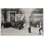 POSTCARD - IRISH REBELLION 1916 SOLDIERS BIVOUACKING OPPOSITE LIBERTY HALL THE REBEL HEADQUARTERS