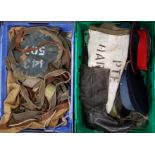 TWO TRAYS OF MILITARY BAGS/HATS/BOOTS ETC